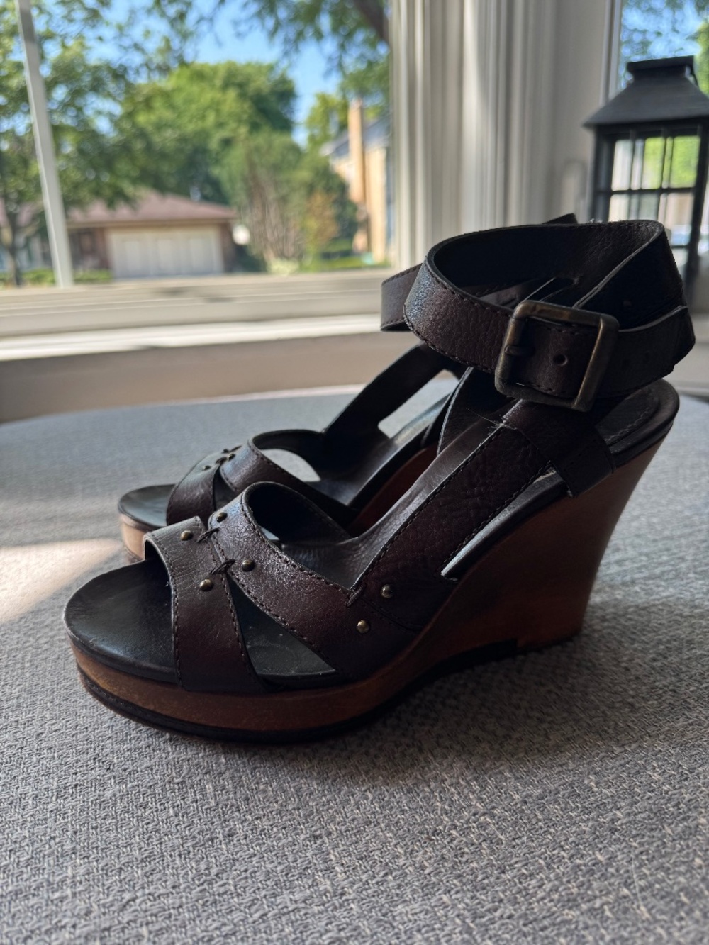Chloe Brown Leather Wood Wedge Platform Sandals Ankle Strap Sz 10/40